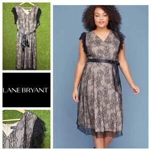 Lane Bryant Black Lace Overlay‎ Fit and Flare Belted Midi Dress 22W
